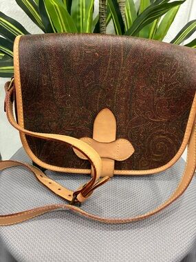 Etro Paisley Leather Shoulder Bag Vintage Brown Italy Authentic-used